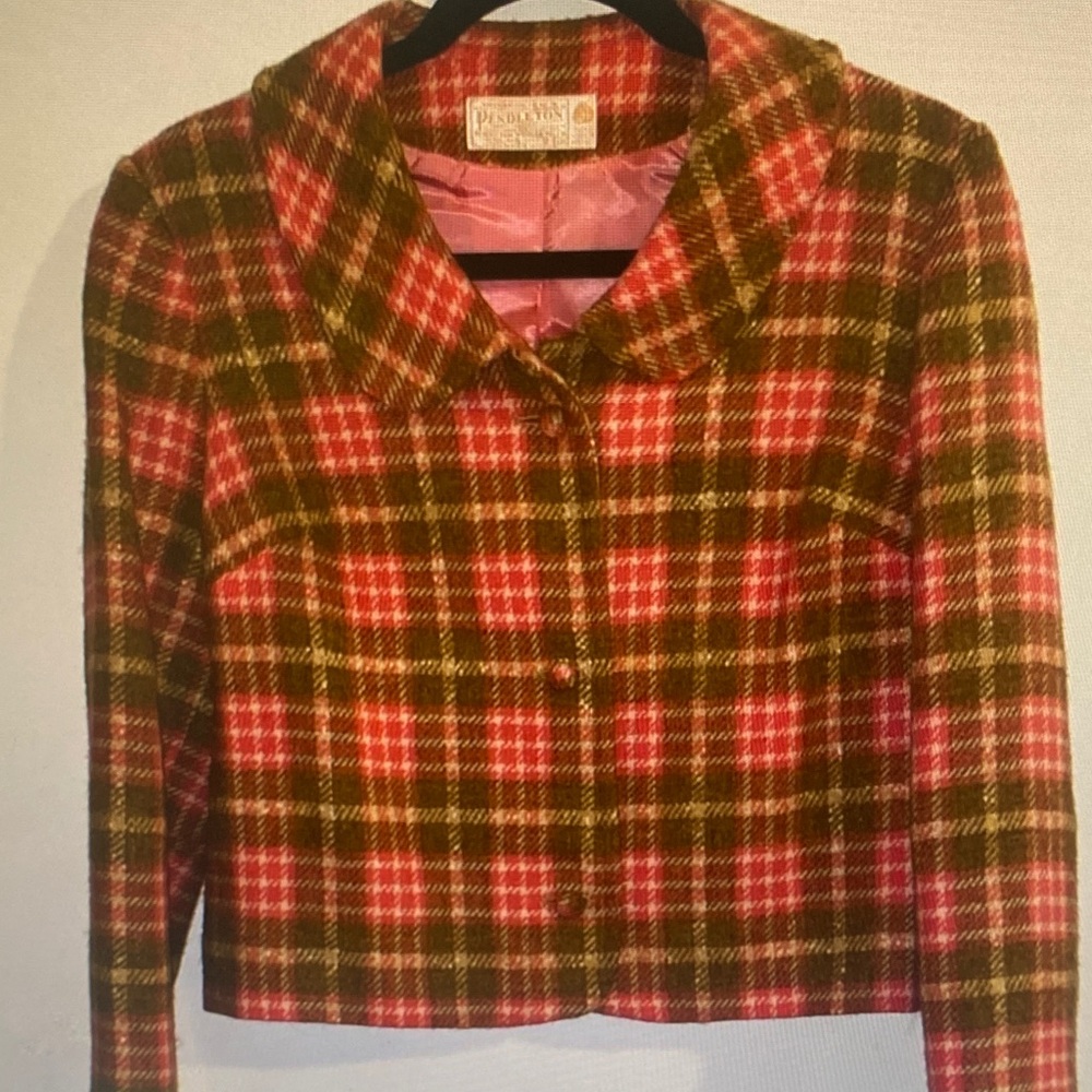 Pendleton Pink and Olive Plaid Wool Cropped Jacket